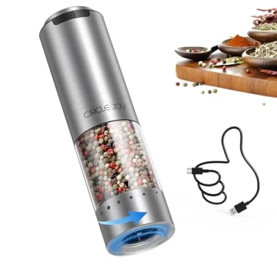 Image of CIRCLE JOY Electric Pepper Grinder Stainless Steel Rechargeable Salt or Mill with External Adjustable Coarseness, Washable Container, White LED Light