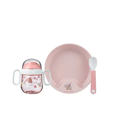 Image of Mepal Baby dinnerware 3 Piece Set Mio Includes Leak Proof Sippy Cup, Trainer Plate &amp; Spoon Dishwasher Safe BPA Free of Flowers Butterflies