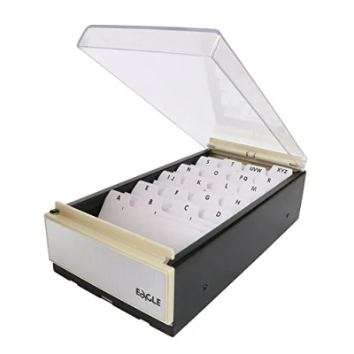 Image of Eagle Business Card Holder, Storage up to 600 Cards, Box Size: 4 1/4 x 8 2 1/2, Metal/Plastic (Black/Clear)