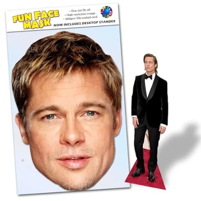 Image of Party People 1 x Brad Pitt Ready To Wear Celebrity Face Mask Includes Freestanding 20cm Desktop Standee Card Cutout P
