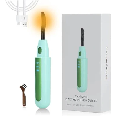 Image of Heated Eyelash Curler, USB Rechargeable 2 Gear Temperature Control with LED Display Mini Lash Curler for Women Girls Quick Heating Curling (Green)