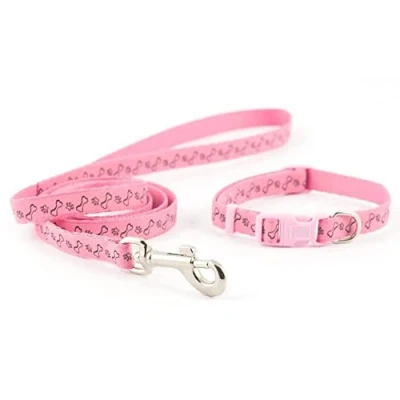 Image of Ancol Small Bite Refl Paw&amp;Bone Collar( adjusts 20 30cm) &amp; Lead ( 1m x 10mm) Set Pink