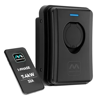Image of Masterplug Smart EV Home Wall Charger for Type 2 Electric and Plug In Hybrid Vehicles, Socketed, Mode 3, Auto Lock, Solar Charging, Single Phase, Wi Fi, Black, IP55, 7.4kW, 32A, EVCM3SS7B MP