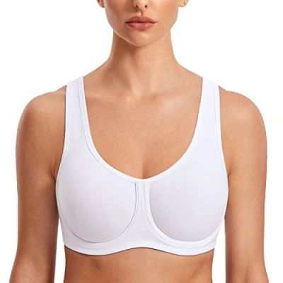Image of SYROKAN Women&#039;s Max Control Solid High Impact Plus Size Underwire Sports Bra for Large Breasts White 48E