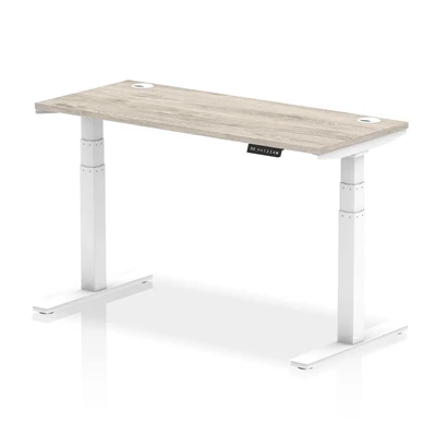 Image of Air 1400x600mm Height Adjustable Desk Grey Oak Cable Ports White Leg
