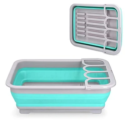 Image of Navaris Collapsible Dish Drainer Foldable Portable Rack for Drying Plates, Dishes, Cutlery Folding Camping Caravans Dark Blue
