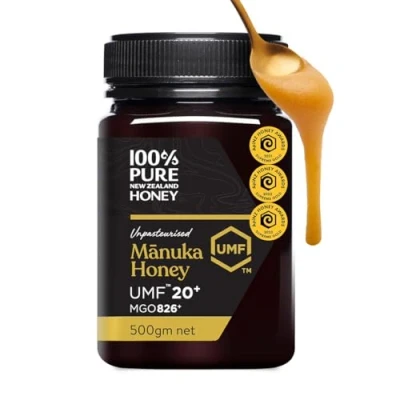 Image of Manuka Honey 100% Pure New Zealand UMF 20+ MGO 826+ Raw &amp; Unpasteurised Certified Award Winning Silky Smooth Taste Texture 500g (UMF 20+)