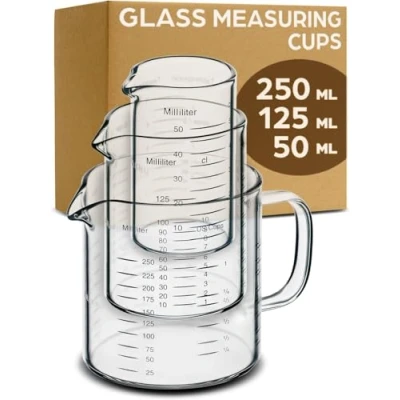 Image of Praknu Measuring Cup Borosilicate Glass Set with Spout 50ml, 125ml, 250ml Precise Scale Stackable Heat Resistant &amp; Microwave