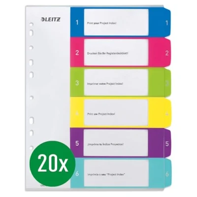 Image of Leitz Index for A4, Pack of 20, PC writable Cover Sheet and 6 dividers, tabs with Number Print 1 6, Extra Width, Multicoloured, Polypropylene, Wow, 12420000