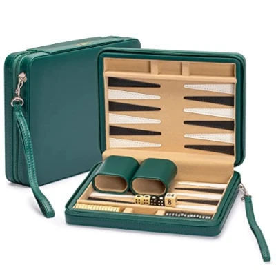Image of Yellow Mountain Imports Travel Size Backgammon Mini Game Set, Izmir Magnetic Checkers and 23.5cm Board in Sleek Leatherette Case Classic Strategy