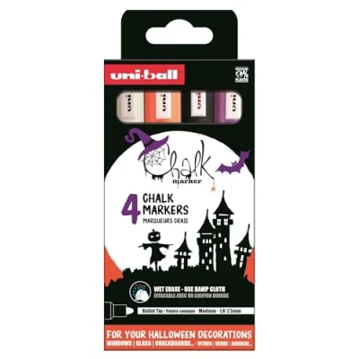 Image of uni ball PWE 5M Liquid Chalk Pens. Multi Purpose Wipeable Coloured Markers for Blackboards, Chalkboards, Whiteboards, Glass, Mirrors, Plastic, Windows, Metal. Medium Tip. 4pc Halloween Set