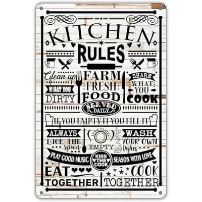 Image of Funny Kitchen Quote Metal Tin Sign Wall Decor, Farmhouse Rustic Rules for Home Decor Gifts