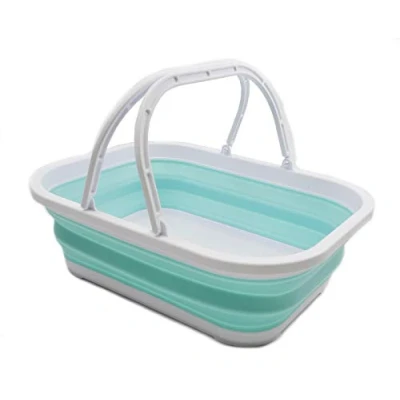 Image of SAMMART 12L Collapsible Tub with Handle Portable Outdoor Picnic Basket/Crater Foldable Shopping Bag Space Saving Storage Container (White/Lake Green)