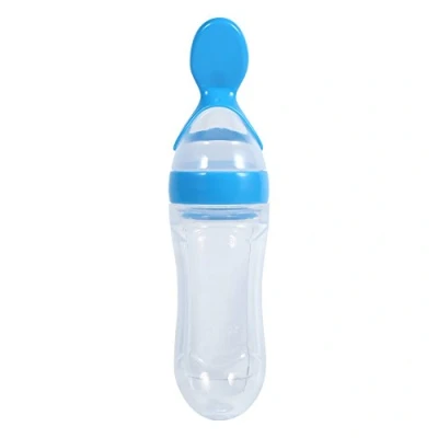 Image of 1Pc 90mL Silicone Baby Toddler Feeding Bottle with Spoon Fresh Food Cereal Squeeze Feeder Hot (Blue)