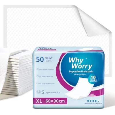 Image of WhyWorry Disposable Incontinence Bed Pads 60 x 90 cm, Wetting Mats for Adults, Underpads, Pee Pads, Mattress Protectors, Waterproof Sheets Babies &amp; Children, 50 Count