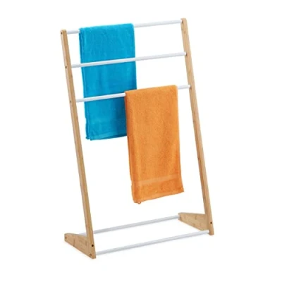 Image of Relaxdays Freestanding Towel Holder, Compact 3 Levels for Drying, Bamboo &amp; Iron, HxWxD: 98 x 62 30 cm, Natural/White, 50%