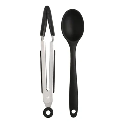 Image of Wiltshire Silicone Mini Kitchen Tongs &amp; Serving Spoon, Set of 2, Cooking Spoon Tongs, Salad BBQ Stainless Steel, Heat Resistant Utensil, Non Stick, Scratch, Midnight Black