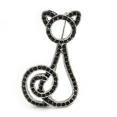 Image of Avalaya Jet Black Diamante &#039;Cat&#039; Brooch in Rhodium Plating 50mm Length