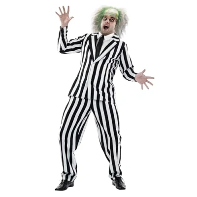 Image of Fun Shack Adult Halloween Costume Men, Black and White Striped Suit, 80s Costumes For Movie X Large