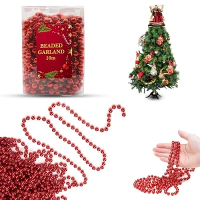 Image of Christmas Bead Chain 10M, Luxury Plastic Garland, Xmas Tree Hanging Ornaments, Party Decoration (Red)