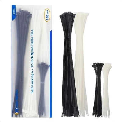 Image of Cable Matters Combo Pack Assorted 140 Self Locking 15+30cm Nylon Ties (Tie Wraps, Zip Ties) in Black and White