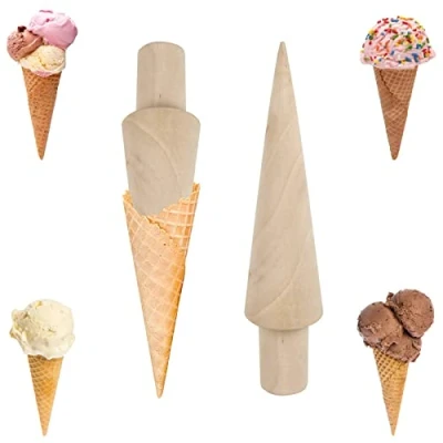 Image of Monsully 2 Pcs Ice Cream Cone Mold, Waffle Cones Wood Roller Horn Pastry Roll Molds for DIY Baking Egg Cake Waffles Kitchen Tool, 18cm