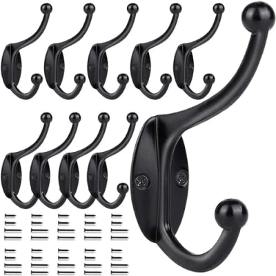 Image of GlazieVault Black Coat Hooks for Wall Zinc Alloy Racks(10 Pack) Heavy Duty Mounted Premium Design Rust Free Door Hanging (Black Pack 10)
