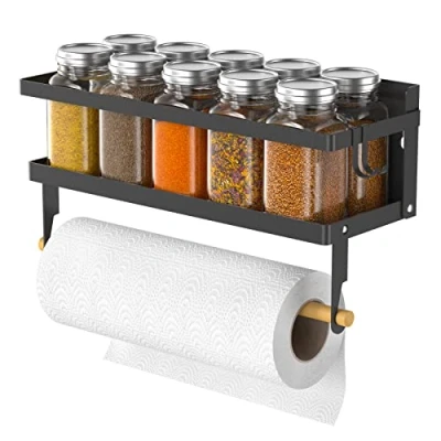 Image of ARVINKEY Spice Rack Magnetic Shelf with Paper Towel Holder Roll and Hooks, Foldable Refrigerator Holder, Wall Mounted Seasoning Organizer Hanging Storage Stand for Home Kitchen