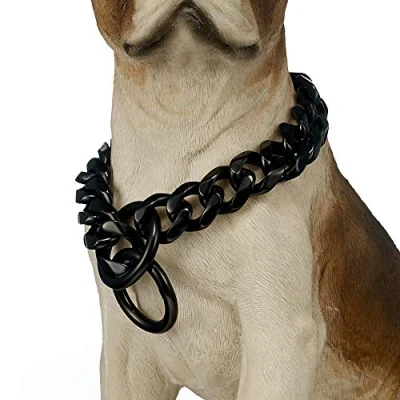 Image of Heavy Duty Choke Cuban Chain Dog Collar for Large Dogs 19 mm Extra Wide, Strong Steel Metal Links Big Breeds Rottweiler, Pitbull, Mastiff, Cane Corso, Doberman, Great Dane,Black,28inch/71cm