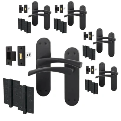 Image of EAI Black Door Handle Latch Set 5 Pair Matt Internal Handles on Backplate with 64mm &amp; Hinges 76mm Novoli Range
