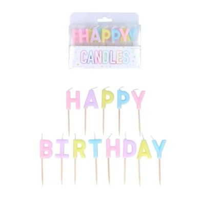 Image of Henbrandt Pack of 13 Pastel Happy Birthday Candles on Wooden Picks, 4 Assorted Colours 7cm Lettered Celebration Cake Topper for and Cupcake Decorations