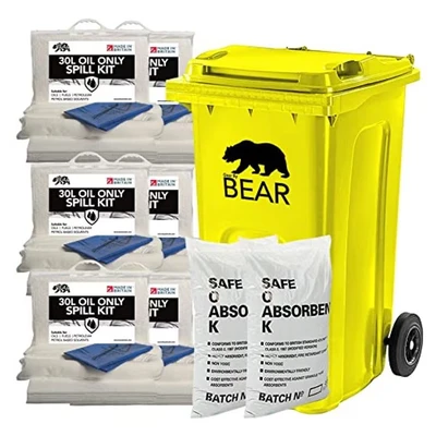 Image of 240L Spill Kits (240L,Oil and Fuel Petrol HVO Hydraulic Oil Spills) UK Manufactured, White, Wheeled Yellow Bin, 2x 30LOrganic Flame Retardant Compound Granules, 6x30L Only Clip Top