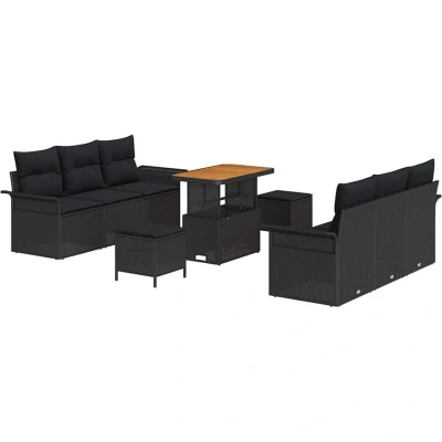 Image of vidaXL 9 Piece Garden Sofa Set with Cushions Black Poly Rattan Acacia