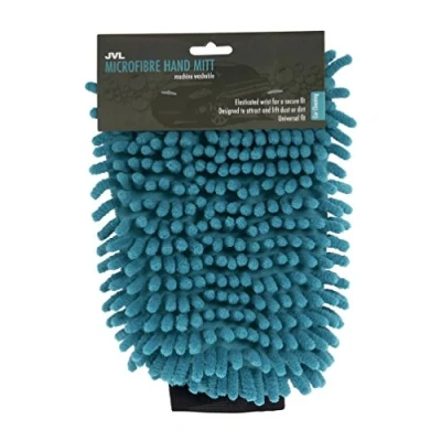 Image of JVL Car Care Cleaning Range Hand Mitt with Elasticated Cuff, Chenille and Microfibre, Teal/Grey, 23.5 x 16 2 cm