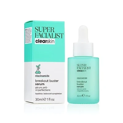 Image of Super Facialist Breakout Buster Serum Clear Skin Solutions, Spot Treatment for Acne with 10% Niacinamide, Tea Tree Oil &amp; Prebiotics, Vegan Friendly 30ml