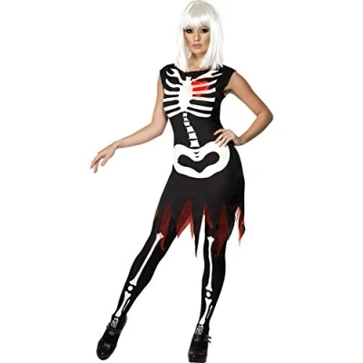 Image of Smiffys Bright Bones Glow in the Dark Costume, Black with Dress &amp; LED Lights, Halloween Adult Fancy Dress, Skeleton Up Costumes