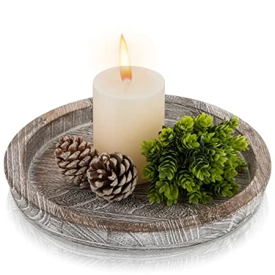 Image of Hanobe Rustic Wooden Serving Tray Round Wood Butler Decorative Whitewash Centerpiece Candle Holder Trays Farmhouse Ottoman for Decor Kitchen Counter Home Accessories Coffee Table