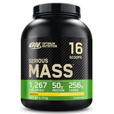 Image of Optimum Nutrition Serious Mass Protein Powder High Calorie Gainer with Vitamins, Creatine Monohydrate and Glutamine, Banana, 8 Servings, 2.73kg, Packaging May Vary