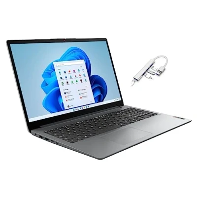 Image of Lenovo Ideapad 1 15.6&quot; HD Laptop AMD Athlon Silver 7120U Processor 4GB RAM DDR5 128GB SSD Radeon Graphics Windows 11 Home Grey Bundle with USB 3.0 Hub (Renewed)