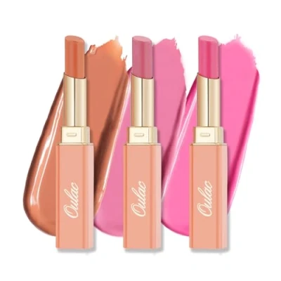 Image of Oulac Moisture Shine Lipstick Set Moisturising Pink &amp; Nude Peach Lipstick, Medium Coverage Lip Color Tinted Balm for Dry Lips Glossy Finish, Juicy Look, Vegan (05/06/07)