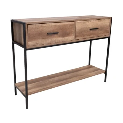 Image of FWStyle Reclaimed Wood Effect Black Metal Frame 2 Drawer Console Hall Table Industrial Furniture
