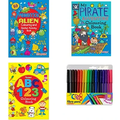 Image of Anilas Boys Monster, Aliens &amp; Pirate Sticker Activity Colouring Books with Educational Book and Free Pencils or Felt Tip Pens (Perfect for Ages 4 8) (Felt Pens)