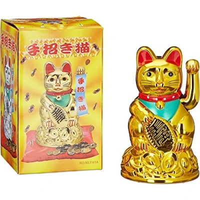 Image of 3.5 Gold Lucky Cat Waving Moving Hands Chinese Oriental Fortune Maneki Neko Feng Shui Money Decoration Gift Home Office Decor Ornaments and Good symbols