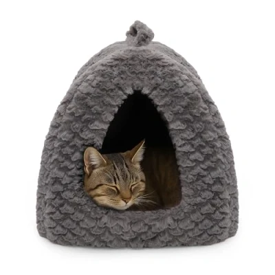 Image of Rosewood 40 Winks One size cat bed for indoor cats,kittens,puppies and small dogs,machine washable,removable inner cushion,plush igloo cave bed,grey,pink, 40x40x38cm(approximately 16x16x15 inches)
