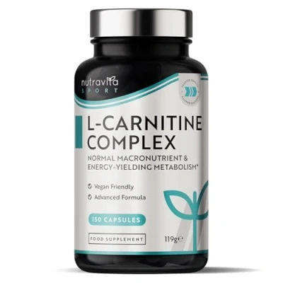Image of L Carnitine Complex High Strength Capsules with Added Riboflavin, Biotin, Chromium, Vitamin D, B3 &amp; B6 Macronutrient Energy Yielding Metabolism 150 Vegan Made in the UK by Nutravita