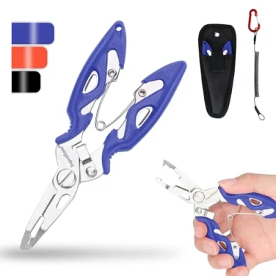 Image of supregear Mini Fishing Pliers, Multi Function Stainless Steel Tools with Split Ring Opener, Fish Hook Remover, Line Cutter, Sheath, Lanyard, Saltwater Resistant Gear Accessories, Blue