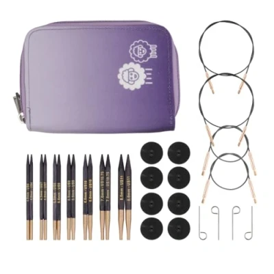 Image of KNITPRO J&#039;Adore Cubics Knitting Needle Set, Special Length, Deluxe, Lavender, Birch Wood, Circular, Interchangeable, 7 Pairs, 40 80mm, Incl 4 Cables, Accessories