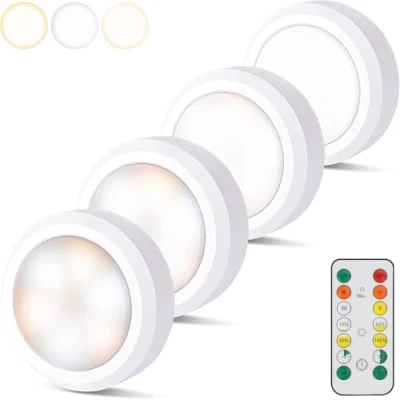Image of Dzxin Puck Lights with Remote Control, Wireless LED Light for Kitchen,Battery Operated Under Cabinet Lights, Counter Lighting Dimmable, Stick On Closet Black (White 4pcs)