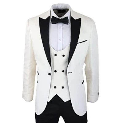 Image of TruClothing Mens Paisley Tuxedo Blazer and Waistcoat Brocade Dinner Jacket Satin Ivory Black Cream 38