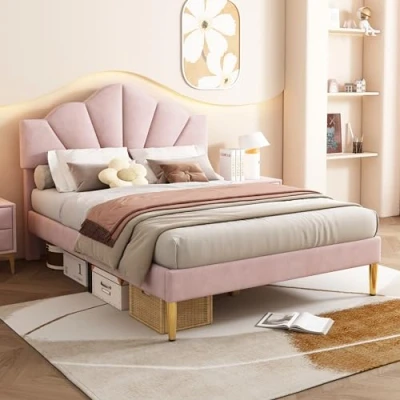 Image of ＭodernLuxe Upholstered King Size Bed, 5FT Shell like Bed Frame with Golden Iron Legs and Height adjustable Headboard Filled High density Foam, Wooden Slatted Frame, Velvet Pink, 150x200cm